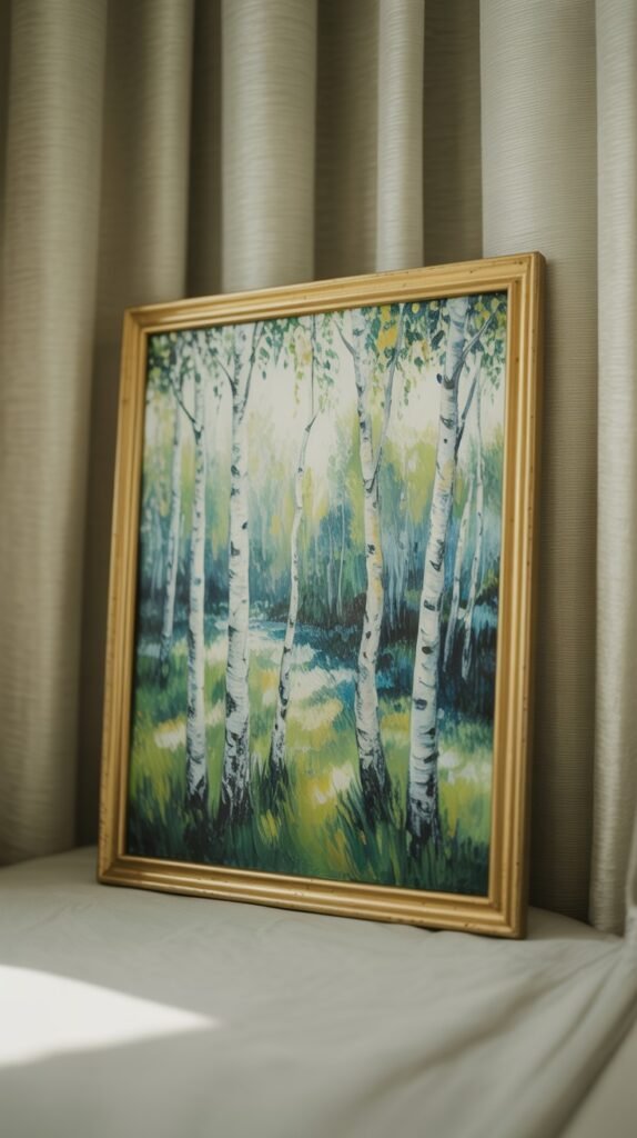 Square painting depicting a serene birch forest scene with tall, white-barked trees rising from lush green and golden undergrowth, presented in a classic golden frame.
