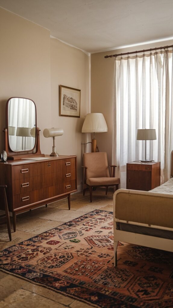 This charming Mid-Century bedroom showcases classic wooden furniture, including a dresser with a large mirror and a simple bed frame, set against light-colored walls and a vibrant, geometrically patterned rug.