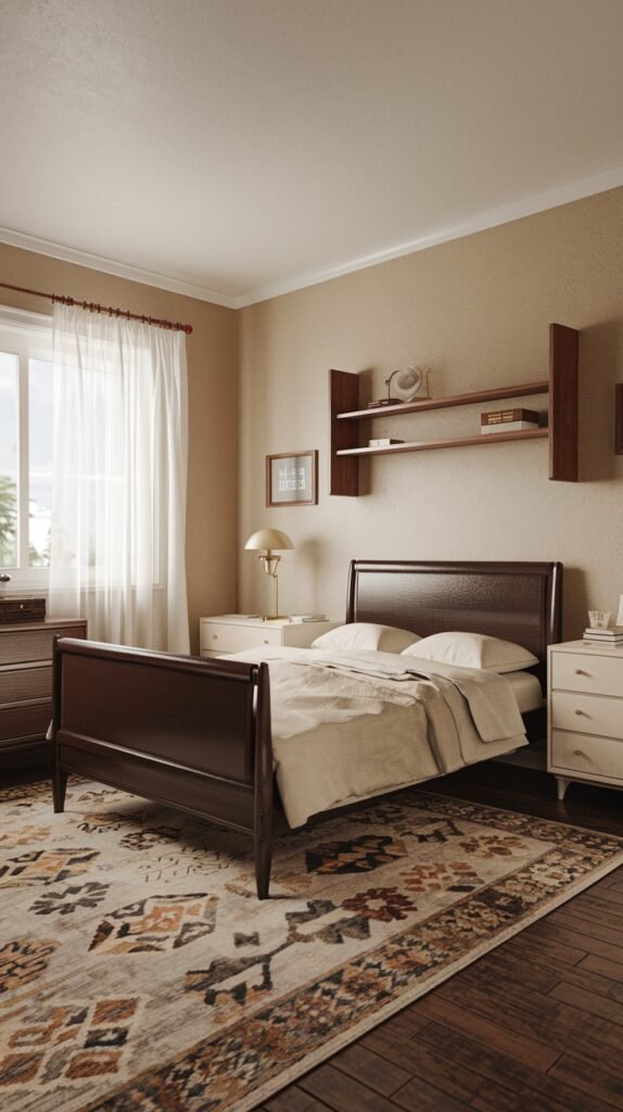 This charming Mid-Century bedroom features warm beige walls and elegant dark wooden furniture, including a sturdy bed frame, nightstands, and functional wall shelves. A patterned rug covers part of the dark wooden floor.