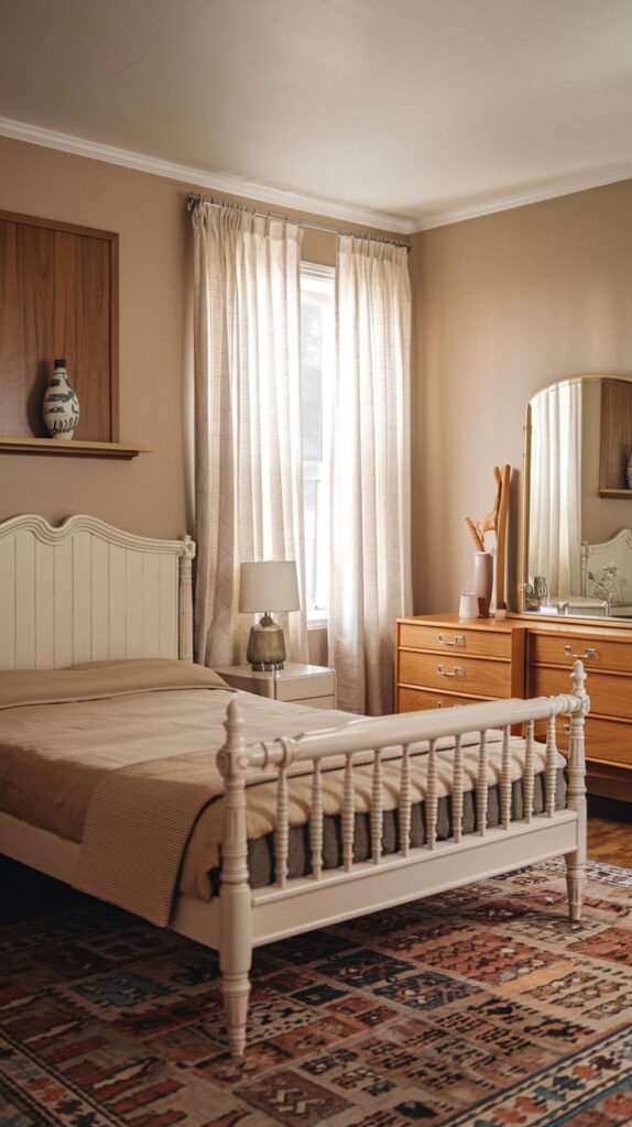 A bright and charming Mid-Century bedroom with light beige walls, featuring a white wooden bed frame with decorative posts and a wooden dresser with a mirror. A colorful patterned rug adds warmth to the wooden floor.