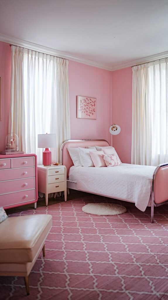 A brightly colored and charming Mid-Century bedroom featuring striking pink walls and a matching pink patterned carpet. The room includes a pink metal bed frame, a pink dresser, and white sheer curtains framing the window.