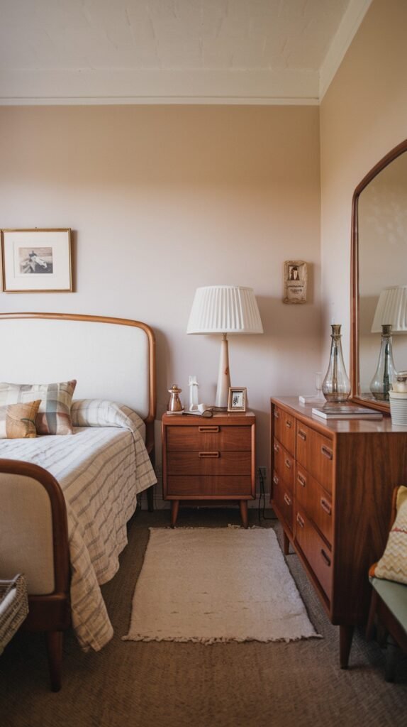 This inviting and charming Mid-Century bedroom combines light beige walls with a wooden dresser and nightstand. The bed has a simple white upholstered headboard, and a plain light rug rests on the carpeted floor.