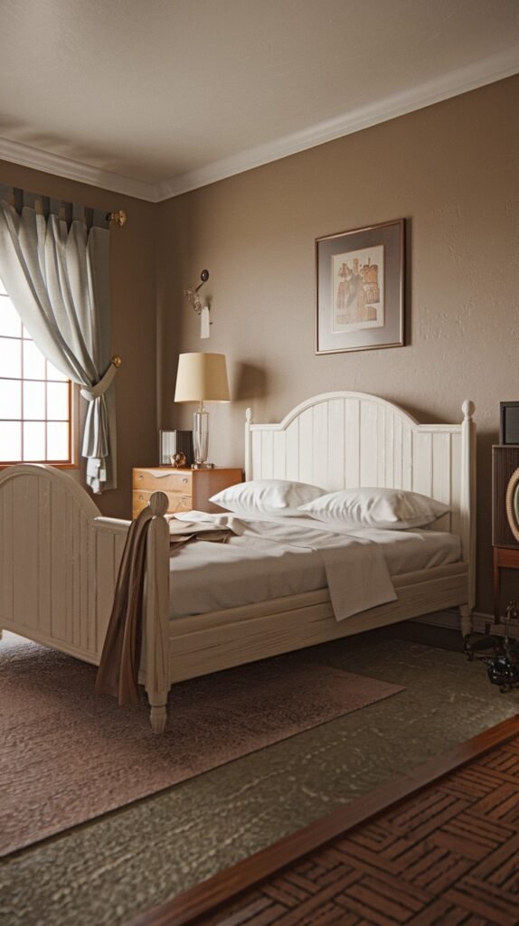 A warmly lit and charming Mid-Century bedroom with brown walls and a classic white wooden bed frame. Dark wooden accent furniture and elegant grey curtains complete the peaceful ambiance.