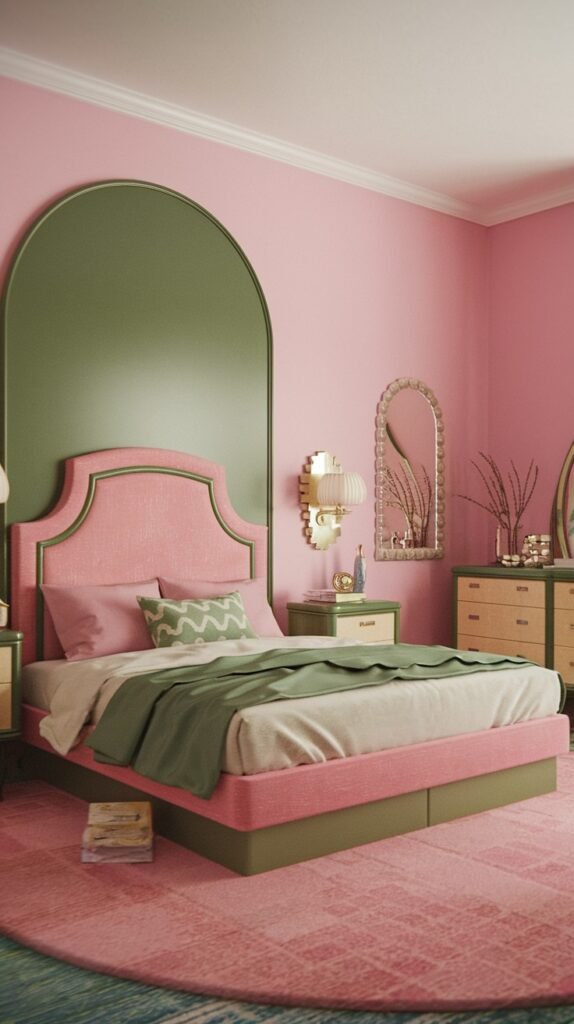 A bold and charming Mid-Century bedroom with pink walls and a distinctive large bed featuring a pink upholstered frame and a striking green arched headboard. The room is unified by a large pink patterned rug, with a green throw draped over the bed.