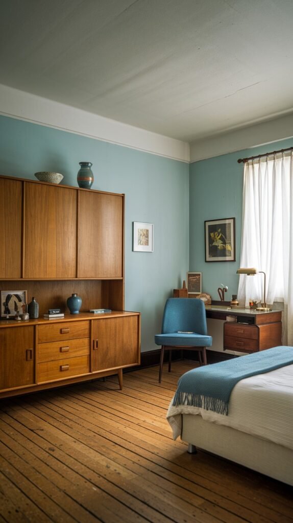 This charming Mid-Century bedroom features light blue walls and warm wooden flooring. Dominating the room is a large wooden hutch, accompanied by a blue armchair and a wooden desk, offering both storage and a workspace.