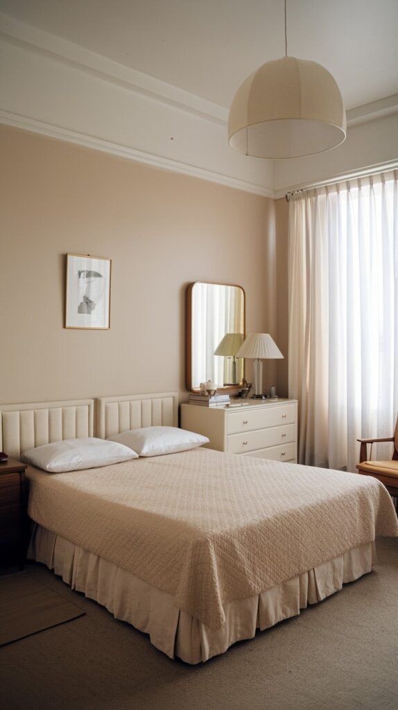 A serene and charming Mid-Century bedroom with light beige walls, featuring a large bed with a beige quilted bedspread and a cushioned headboard. A white dresser with a large mirror and a decorative lamp sits nearby.