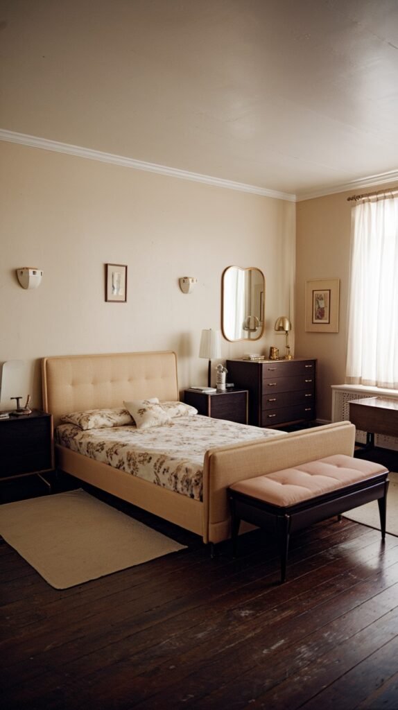 This elegant and charming Mid-Century bedroom features light beige walls and dark wooden flooring. A light upholstered bed frame is complemented by dark wooden nightstands and a dresser, with a small pink upholstered bench at the foot of the bed.