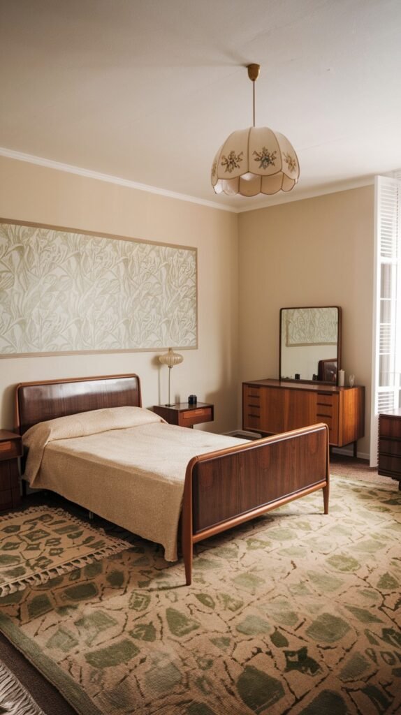A sophisticated and charming Mid-Century bedroom with beige walls and dark wooden furniture, including a bed frame and a dresser. A large patterned rug with green hues covers much of the floor, and a large, textured artwork hangs above the bed.