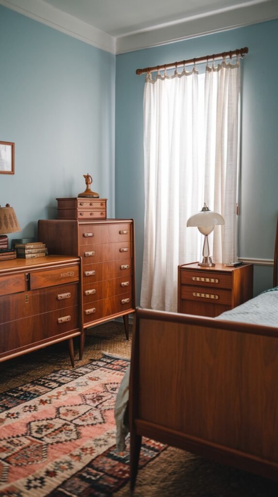 A charming Mid-Century bedroom with light blue walls and rich, warm-toned wooden furniture, including a tall dresser, a smaller dresser, and a bed frame. A patterned rug adds a touch of intricate detail to the floor.
