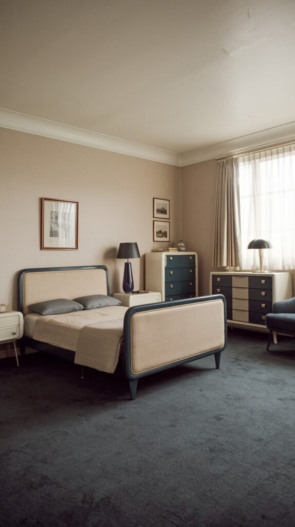 This charming Mid-Century bedroom features light beige walls and a dark blue carpet. The bed frame is light-colored with dark trim, complementing the two-toned dresser and other dark-accented furniture.
