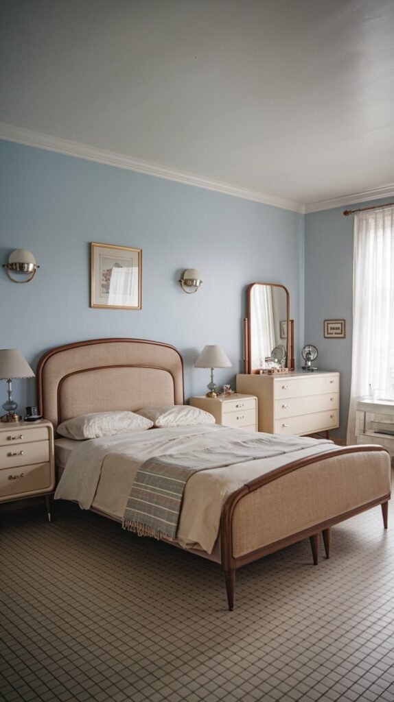 A brightly lit and charming Mid-Century bedroom with light blue walls and a tiled floor. The room is furnished with a light-colored upholstered bed frame, matching nightstands, and a dresser with a mirror.