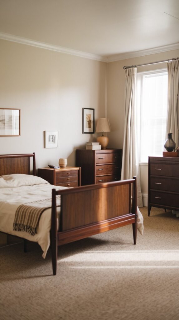 This inviting and charming Mid-Century bedroom features light beige walls and a neutral-toned carpet. Dark wooden furniture, including a bed frame and multiple dressers, is illuminated by natural sunlight streaming through the window.