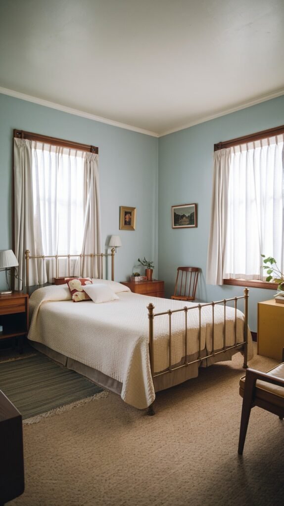 A bright and charming Mid-Century bedroom with light blue walls. A brass bed frame is covered with a white quilted bedspread, and two large windows with white curtains allow plenty of natural light into the room.