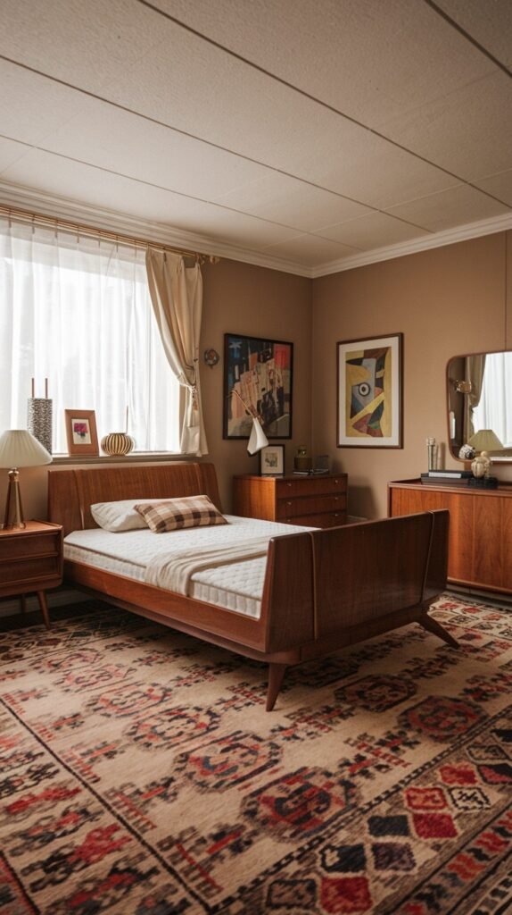This vibrant and charming Mid-Century bedroom displays a rich, patterned rug covering a large portion of the floor. Dark wooden furniture, including the bed frame, dresser, and nightstands, contrasts beautifully with the light beige walls, which are adorned with abstract artworks.