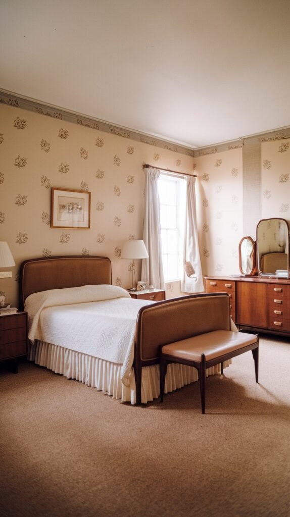 A classic and charming Mid-Century bedroom with patterned wallpaper. The bed features a brown upholstered headboard and a matching bench at its foot, alongside a wooden dresser with an ornate mirror.