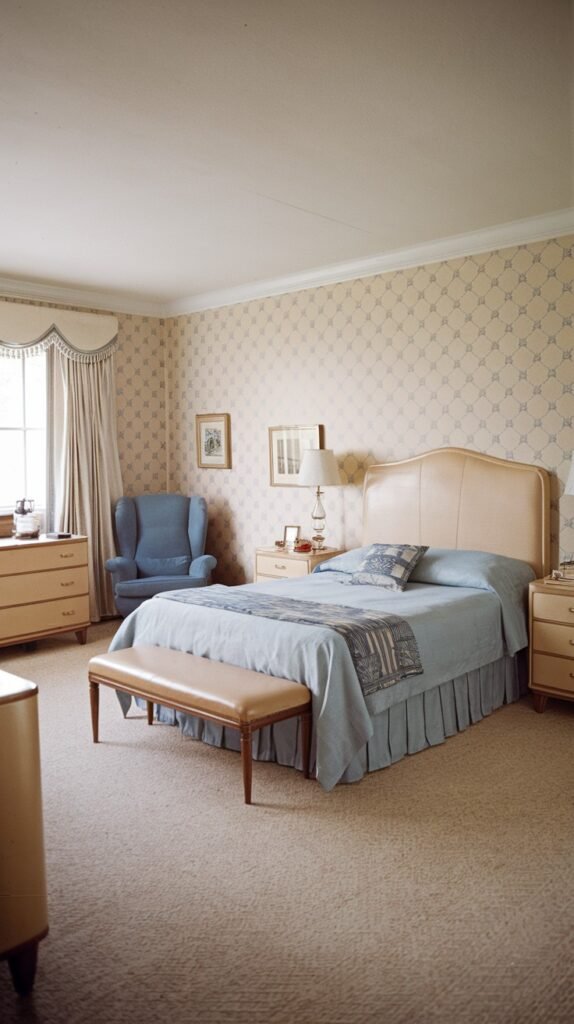 This elegant and charming Mid-Century bedroom features patterned wallpaper and a light upholstered bed frame dressed with a soothing blue bedspread. A comfortable blue armchair provides an additional seating area.