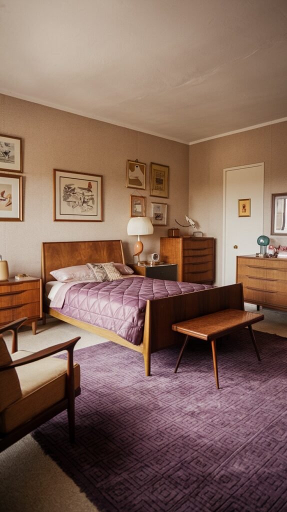 A distinctly styled and charming Mid-Century bedroom with light beige walls. The bed has a wooden frame and is covered with a purple quilted bedspread. A prominent purple patterned rug covers the floor, complemented by wooden accent furniture.