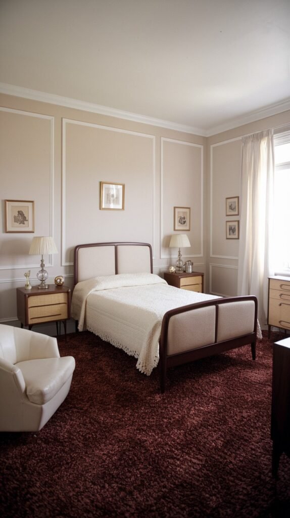 This luxurious and charming Mid-Century bedroom features light beige walls with decorative white paneling and a striking dark red shag carpet. A light upholstered bed frame and a white armchair complete the sophisticated look.