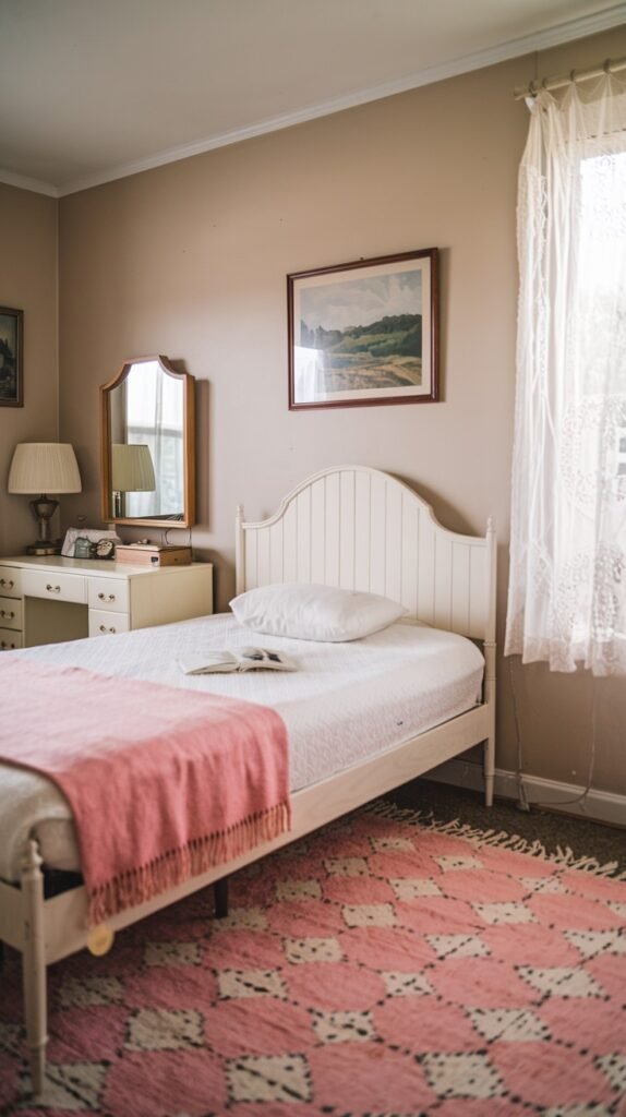 A sweet and charming Mid-Century single bedroom with a white wooden bed frame adorned with a pink blanket. A pink and white patterned rug adds a playful touch to the room, which also includes a white dresser with a mirror.