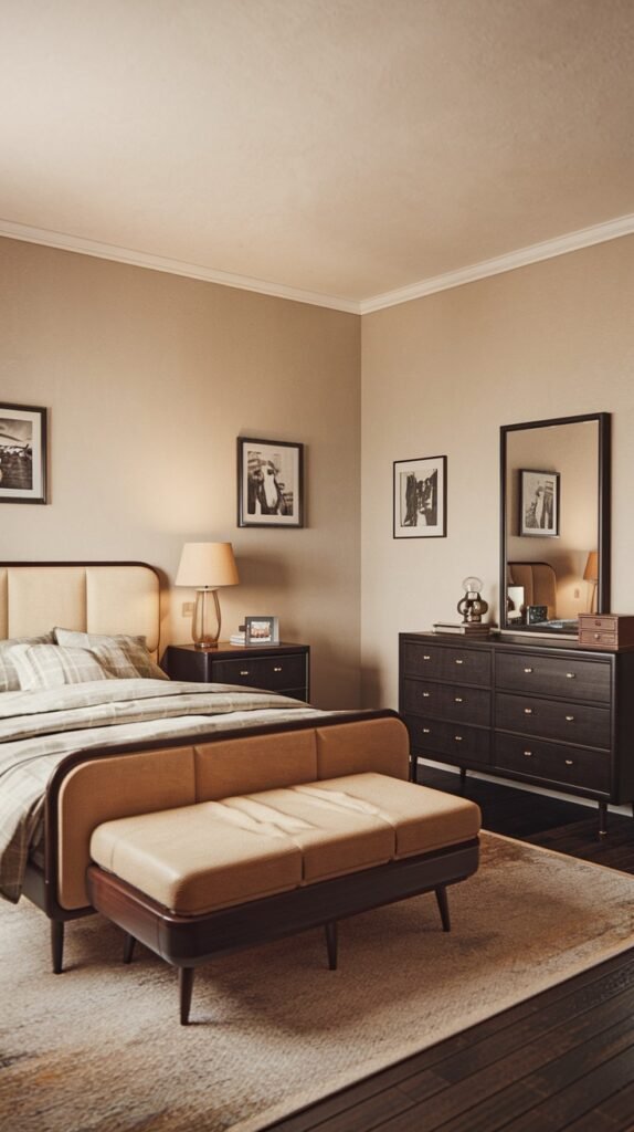 A sophisticated and charming Mid-Century bedroom decorated in beige and dark brown tones, featuring a dark wooden dresser with a mirror, padded upholstered headboard and bench, and black and white photographs adorning the wall.