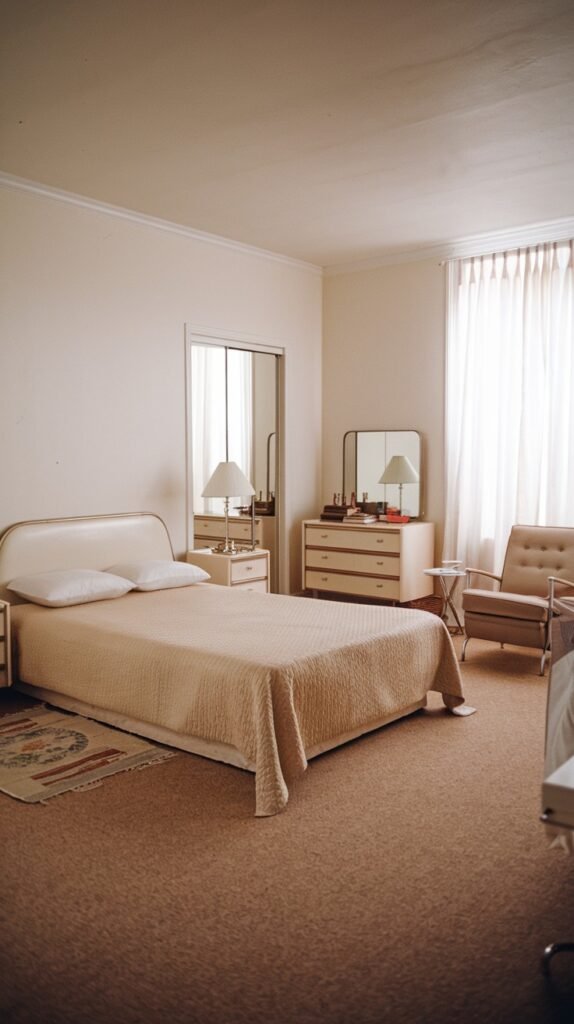 A minimalist and charming Mid-Century bedroom in light beige tones, featuring a bed with a light-colored quilted bedspread, matching nightstands, and a dresser with a large mirror. The room is carpeted in a complementary neutral shade.