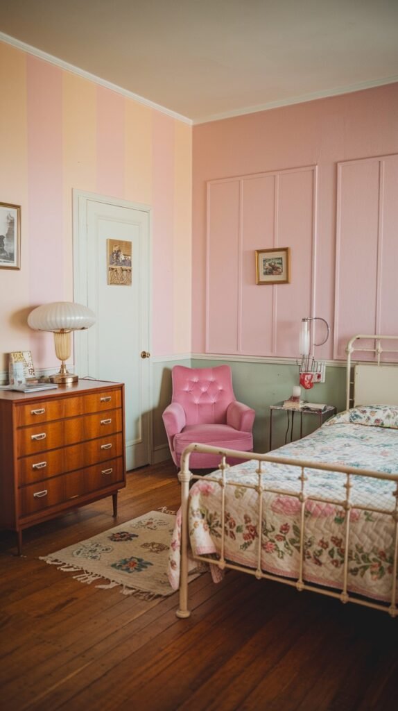A uniquely designed and charming Mid-Century bedroom featuring walls with both vertical stripes and decorative paneling. A white metal bed frame is adorned with a floral quilted bedspread, and a plush pink armchair adds a pop of color.