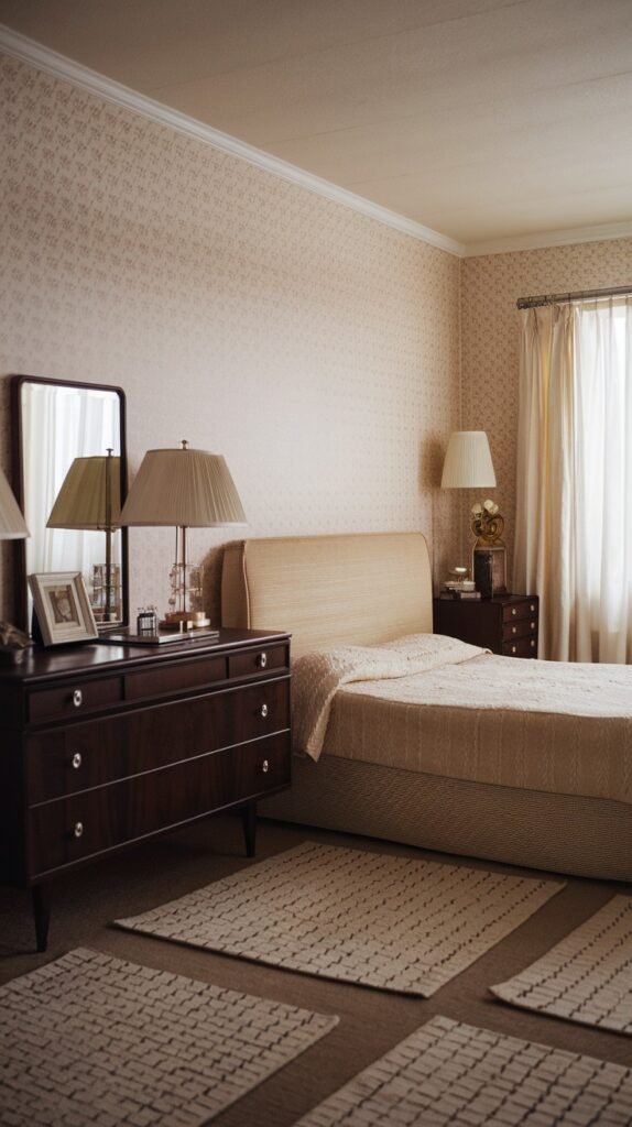 This refined and charming Mid-Century bedroom features intricately patterned wallpaper and a light beige upholstered headboard. A dark wooden dresser with a mirror and various lamps create a sophisticated ambiance, while multiple rugs provide texture on the carpeted floor.