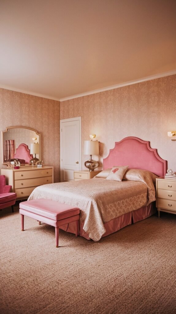 A charming Mid-Century bedroom features a dominant pink palette with a plush pink upholstered headboard, matching bed bench, and armchair. The room has patterned pink wallpaper and a soft beige carpet, creating a luxurious and inviting atmosphere.