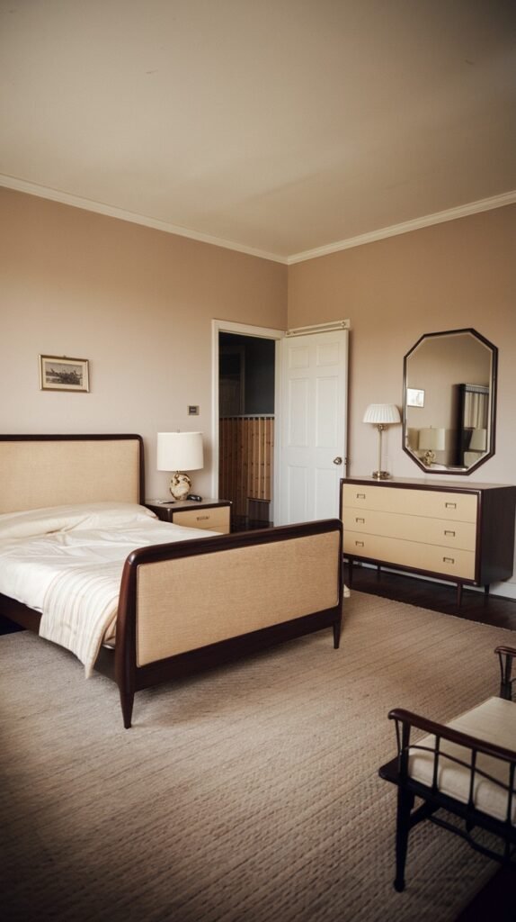 This light and charming Mid-Century bedroom presents a minimalist aesthetic with light beige walls, a cozy bed with an upholstered headboard, and a matching wooden dresser with an octagonal mirror. The room is carpeted in a light, neutral tone.