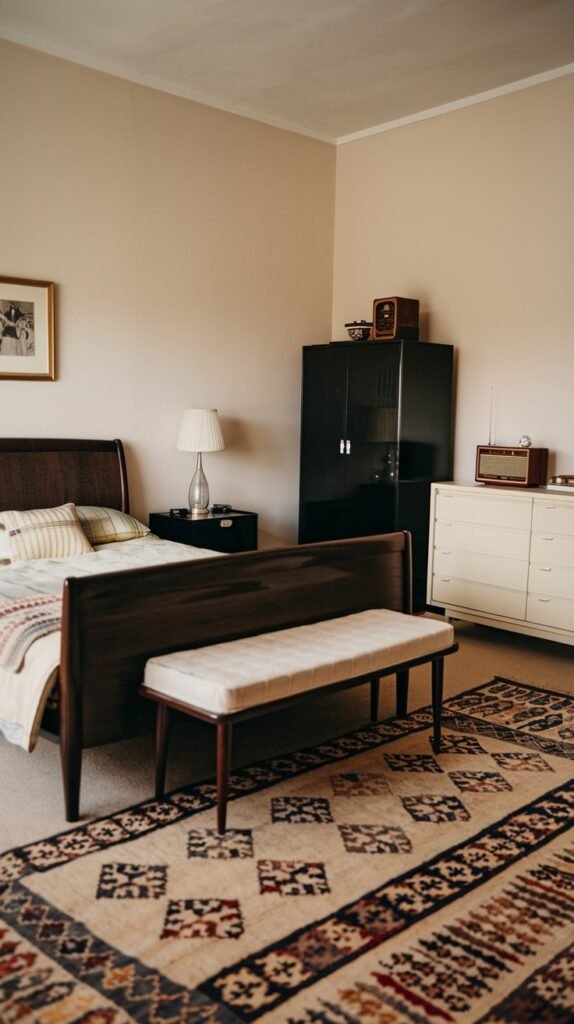 A charming Mid-Century bedroom featuring a dark wooden bed frame with a white upholstered bench at its foot. The floor is covered by a large, intricately patterned rug, complemented by a dark wardrobe and a lighter-toned dresser.
