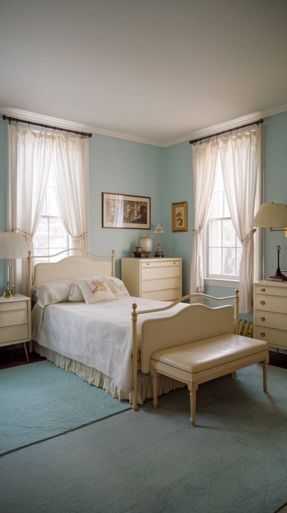This bright and charming Mid-Century bedroom is painted in a soothing light blue, featuring white iron bed frame, a matching bench, dressers, and nightstands. Two large windows with white sheer curtains allow ample light, illuminating the light blue carpet.