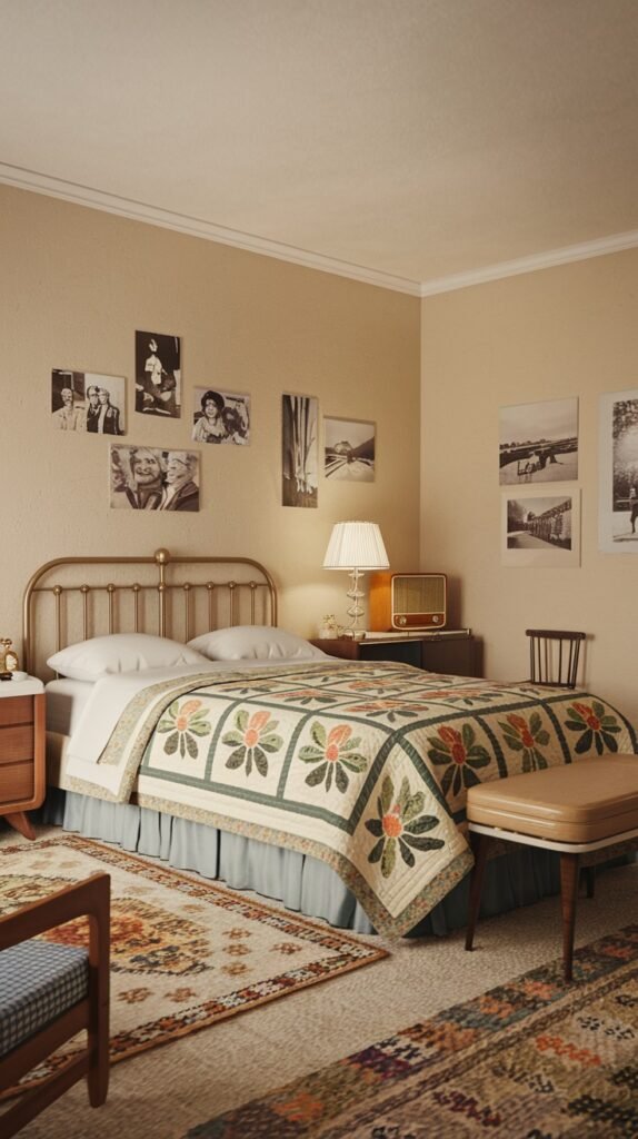 A cozy and charming Mid-Century bedroom with light beige walls adorned with multiple black and white photos. A brass bed frame is dressed with a beautiful floral quilted bedspread, and the room features two patterned rugs layered on the floor.