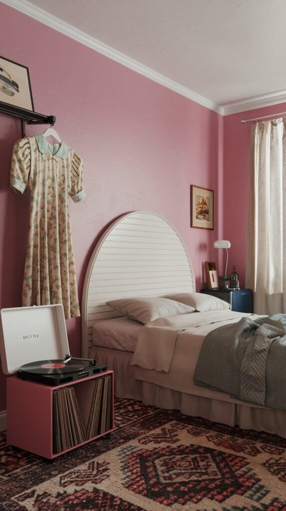 This vibrant and charming Mid-Century bedroom boasts bold pink walls and a distinctive white arched headboard. A pink cabinet housing a record player sits near the bed, while a patterned rug adds visual interest to the floor.