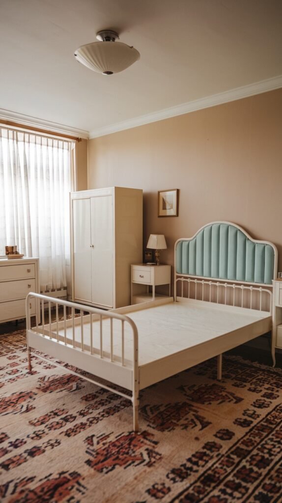 A spacious and charming Mid-Century bedroom with light beige walls and a white metal bed frame featuring a light blue upholstered headboard. White wardrobes and dressers complete the furniture set, all situated on a large, patterned rug.