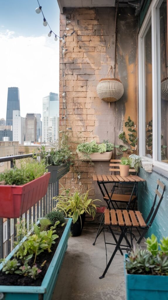 A tiny apartment balcony with a brick wall adorned with string lights and a hanging decorative basket. It features a wooden table and two chairs, along with colorful red and teal planters filled with various succulents and other greenery.
