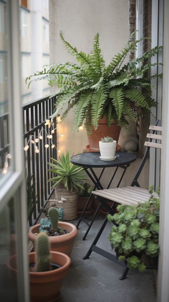 A bohemian tiny apartment balcony oasis overflowing with a diverse collection of potted plants, including a large fern, succulents, and cacti. String lights adorn the railing, with a small round black table and a wooden folding chair.