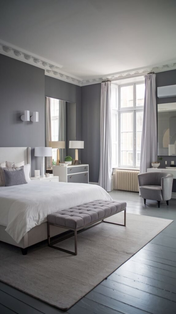 A Chic Contemporary bedroom decor with grey walls, a white upholstered bed, a grey upholstered bench, and tall windows framed by light grey drapes.