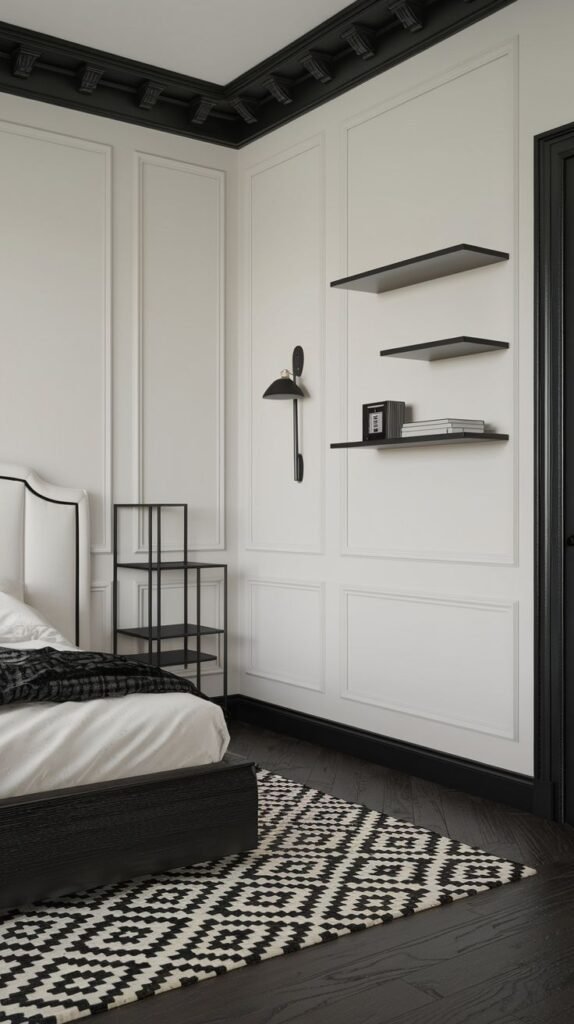 A graphic and Chic Contemporary bedroom decor dominated by black and white elements, including a bold geometric rug, black trim, and decorative wall molding.