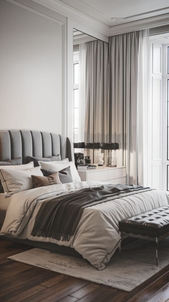 A refined and Chic Contemporary bedroom decor featuring a grey padded headboard, white bedding, a dark throw, and large windows with light drapes.