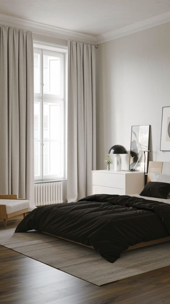 A serene and Chic Contemporary bedroom decor with stark black bedding providing contrast against white walls, a minimalist bed frame, and light-colored curtains.