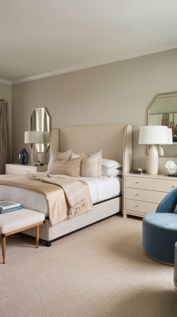 An elegant and Chic Contemporary bedroom decor featuring a tall beige upholstered headboard, matching nightstands with lamps, and a plush light-colored carpet.