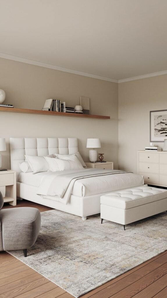 A warm and Chic Contemporary bedroom decor with a white tufted headboard, clean white bedding, a padded bench, and a subtly patterned rug on a wooden floor.