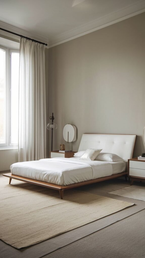 A calm and Chic Contemporary bedroom decor featuring a wooden bed frame with a white headboard, white bedding, and a light-colored rug, offering a clean aesthetic.