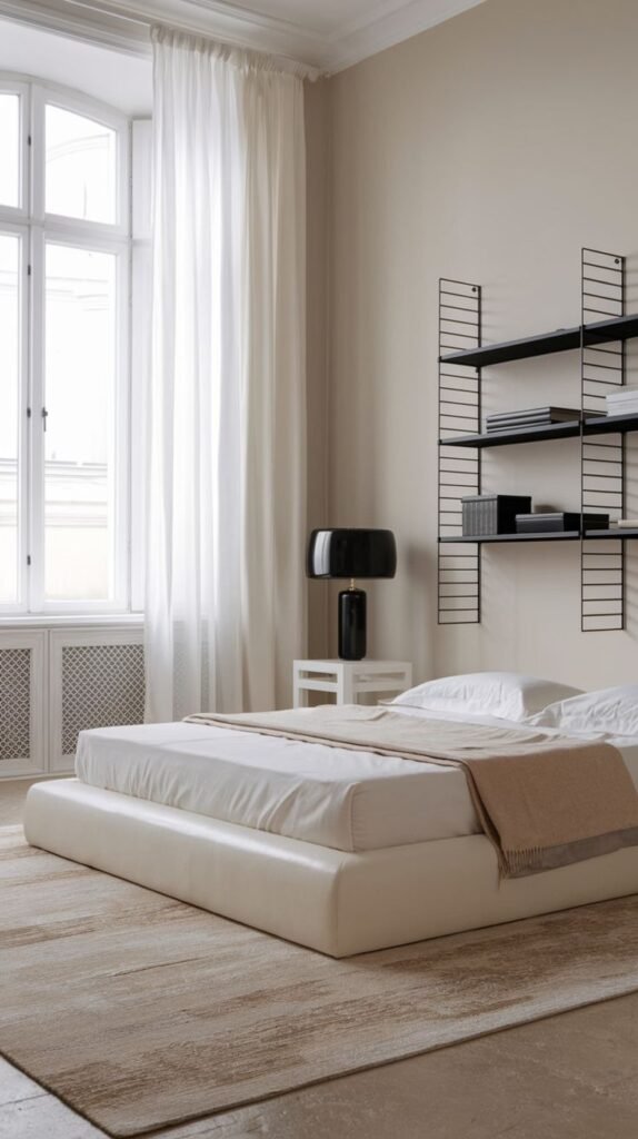A spacious and Chic Contemporary bedroom decor with a low white platform bed, a wall-mounted black shelving unit, and a patterned rug.