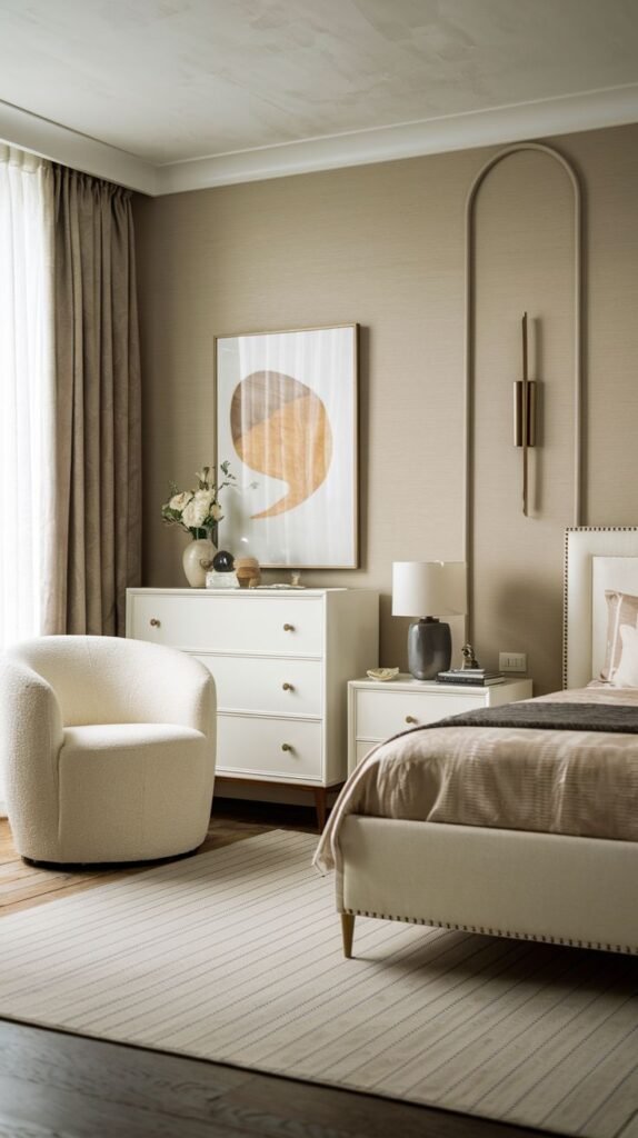 A refined and Chic Contemporary bedroom decor in earth tones, featuring a white dresser, a cream armchair, and unique gold-toned vertical wall lighting beside the bed.