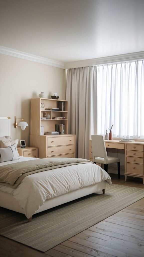 A functional and Chic Contemporary bedroom decor with natural wood furniture, including a desk and dresser with a hutch, and a wall-mounted reading lamp.