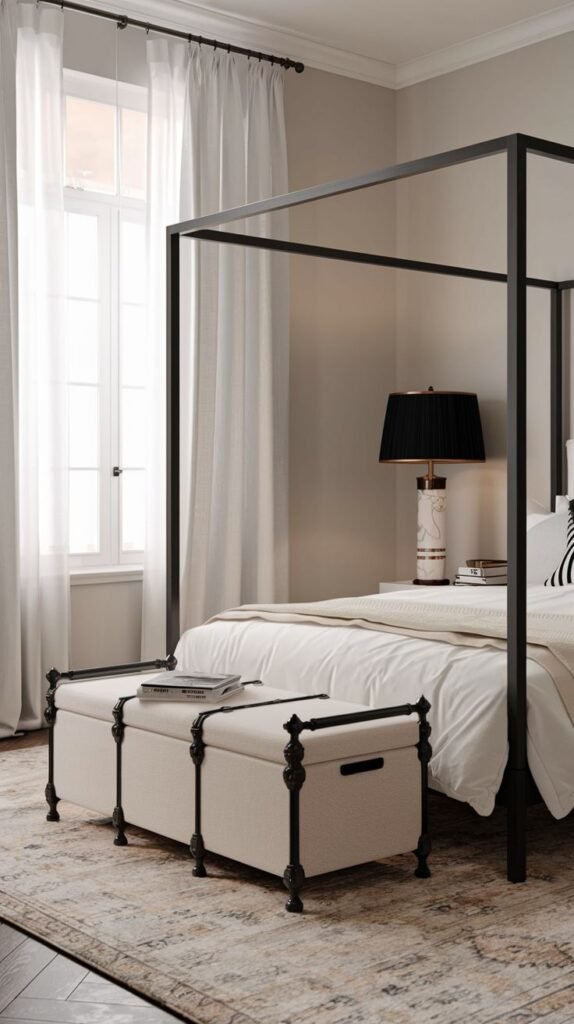 A sophisticated and Chic Contemporary bedroom decor featuring a dramatic black four-poster bed with white bedding, and a beige upholstered storage bench at the foot of the bed.