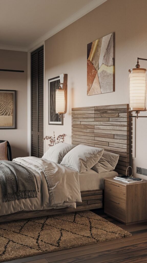 An inviting and Chic Contemporary bedroom decor with a wooden slatted headboard, matching side tables, hanging lantern-style lamps, and a textured rug, creating a warm ambiance.