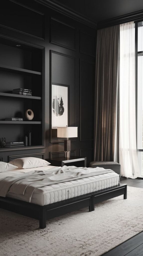 A dramatic and Chic Contemporary bedroom decor with dark paneled walls and built-in bookshelves, a black bed frame, and a contrasting light-colored rug.