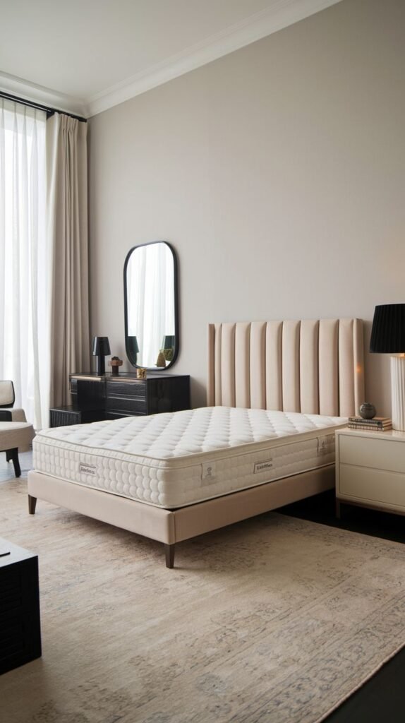 A bright and Chic Contemporary bedroom decor with a tall, light pink ribbed upholstered headboard, a visible mattress on the bed frame, and a light patterned rug.